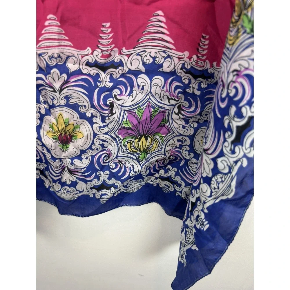 Vintage Silk Scarf Large Blue Floral Victorian Square Blue Pink Old Money 31x31